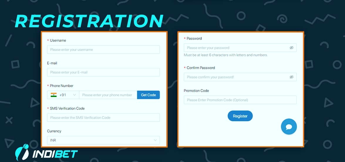 Indibet registration step 1